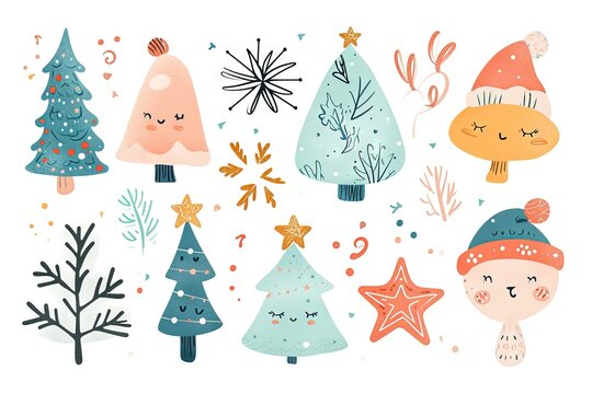 Minimalism and abstract cartoon vector very cute kawaii christmas, xmas clipart, organic forms, desaturated light and airy pastel color palette, nursery art, white background.