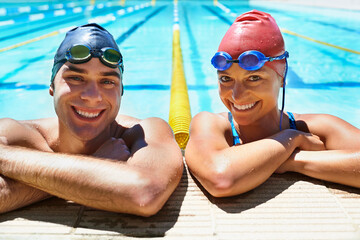 Swimming pool, happy and portrait of friends for sports exercise, workout routine or athlete...