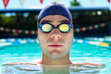 Swimming pool, goggles and sports man face for water exercise, outdoor practice or aqua workout for...