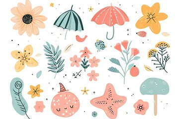 Minimalism and abstract cartoon vector very cute kawaii summer feelings, vibes clipart, organic forms, desaturated light and airy pastel color palette, nursery art, white background.