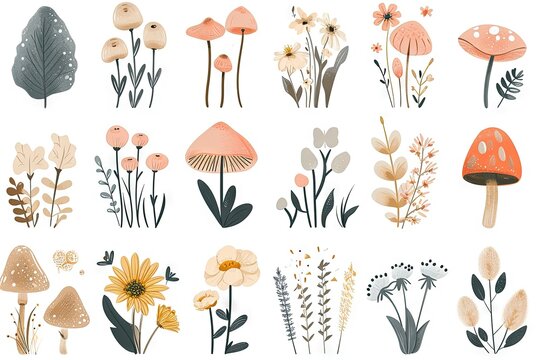 Minimalism and abstract cartoon vector very cute kawaii summer feelings, vibes clipart, organic forms, desaturated light and airy pastel color palette, nursery art, white background.