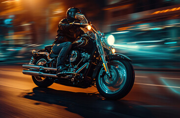motorcyclist riding down road in blurred motion