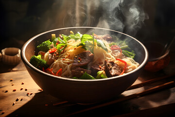 Dry noodles with beef and vegetables in black bowl on wooden table.