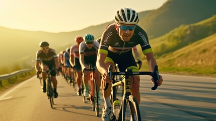 cyclists with professional racing sports gear riding on an open road cycling route. - obrazy, fototapety, plakaty