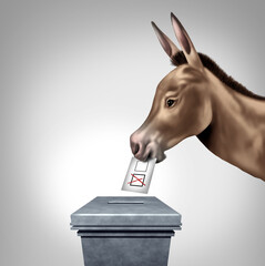 Left wing progressive vote as a Donkey casting a vote at a ballot box representing US Liberals or American Left-wing social justice values and democrat voters during a presidential election or Primary