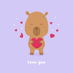 Valentine day card with cute lovely capybara