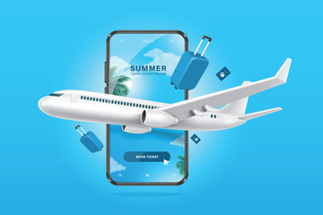 Plane taking off or landing with luggage or baggage and blue passport All in front of a smartphone with summer sky view in background. Below is button for booking online tickets for summer travel - obrazy, fototapety, plakaty