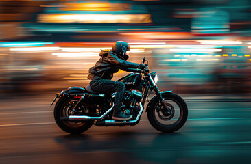 motorcyclist riding down road in blurred motion