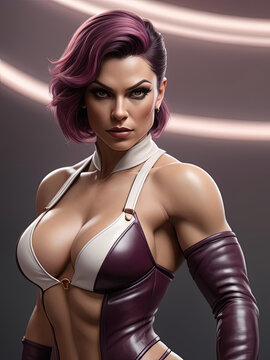 Sensual Dominatrix - Close-up portrait of a commanding medium-skin white dominatrix in a seductive vintage leather bikini Gen AI