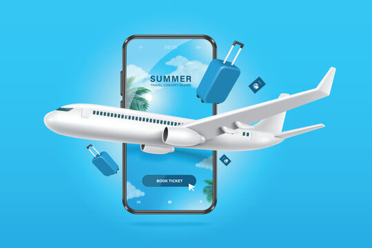 Plane taking off or landing with luggage or baggage and blue passport All in front of a smartphone with summer sky view in background. Below is button for booking online tickets for summer travel