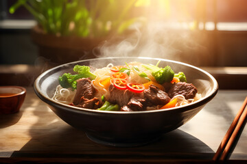 Dry noodles with beef and vegetables in black bowl on wooden table.