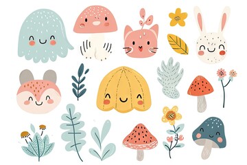 Minimalism and abstract cartoon vector very cute kawaii summer feelings, vibes clipart, organic forms, desaturated light and airy pastel color palette, nursery art, white background.