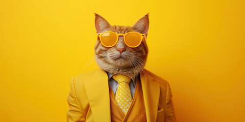 Funny cat wearing yellow sunglasses and suit on yellow background - obrazy, fototapety, plakaty