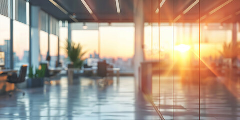 Blurred background of modern office interior with panoramic windows and sunlight