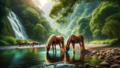 Horses drink water from the river. Morning natural landscape. AI Generative.