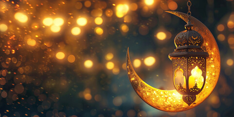 Ramadan golden crescent moon and Ramadan lantern background - obrazy, fototapety, plakaty