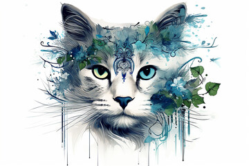 Artistic Cat With Innovative Plant Art on White Background with generative. Ai generated