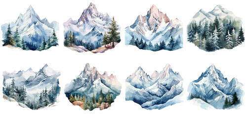 Fototapeta na wymiar Set of watercolor winter Mountain Landscape, PNG, generated ai
