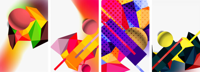 Set of geometric abstract composition with spheres and triangles. Vector illustration For Wallpaper, Banner, Background, Card, Book Illustration, landing page