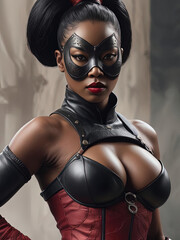 Provocative Dominatrix - Close-up portrait of a commanding and poise Black-Asian dominatrix in a seductive crimson mask Gen AI