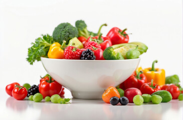 Fototapeta na wymiar Fresh healthy vegetables and fruits on white bowl, isolated on white background