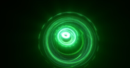 Abstract green rings spheres from energy magic waves of smoke circles and glowing lines on a black background