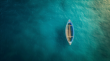 A small deserted rowboat drifts in the center of the ocean