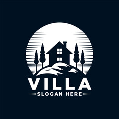 villa logo design. Natural Cottage Logo Concept with Pine Tree and Landscape Scene at Frame. Unique and Creative Design Brand Identity.