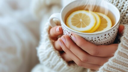 Woman's hand holding cup of tea with lemon on a cold day