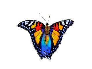 The white background in the picture is a butterfly. A beautiful colorful butterfly with an unusual pattern on the wings of yellow, red, purple, white, and blue with white spots around the wings.