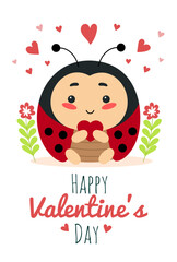 Cute insect ladybug with heart, cartoon character vector illustration