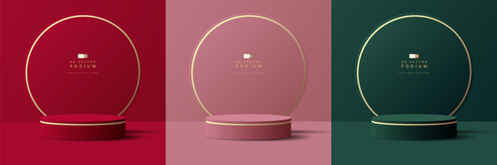 Set of luxury red, pink and green 3D cylinder podium realistic or pedestal stage for product display presentation with round circle shape backdrop. Minimal scene for mockup. stage showcase. - obrazy, fototapety, plakaty