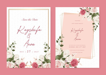 Pink and white rose set of wedding invitation template with shapes and flower floral border