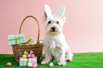 Festive Westie with Easter Eggs and Gift Boxes.
A cute Westie dog in bunny ears surrounded by colourful Easter eggs and gift boxes on a vibrant backdrop.