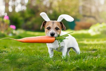 Playful Dog as Easter Bunny with Carrot.
A playful Jack Russell Terrier dog dressed as the Easter bunny, holding a carrot in the garden.