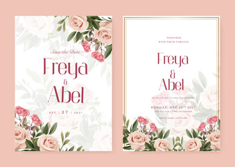 Pink rose modern wedding invitation template with floral and flower