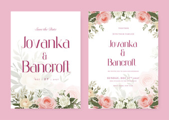 Pink and white rose artistic wedding invitation card template set with flower decorations