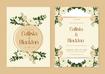 Beige and white rose beautiful wedding invitation card template set with flowers and floral