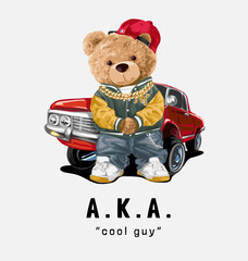 Obraz premium cartoon bear doll in front of red car vector illustration