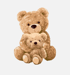brown teddy bear hugging small bear doll vector illustration