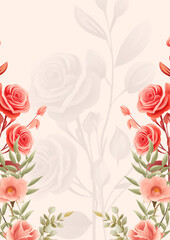 Red and beige vector frame with foliage pattern background with flora and flower