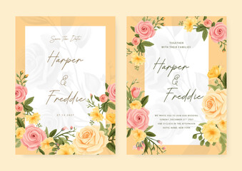Pink and yellow rose vector wedding invitation card set template with flowers and leaves watercolor