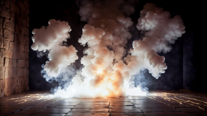 A dark empty street, dark background, an empty dark scene,  light, spotlights The stone floor and studio room with smoke float up the interior texture, fire, sparks. night view