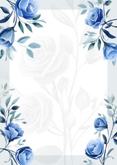 Blue and white vector frame with foliage pattern background with flora and flower