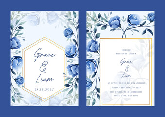 Fototapeta na wymiar Blue rose wedding invitation card template with flower and floral watercolor texture vector
