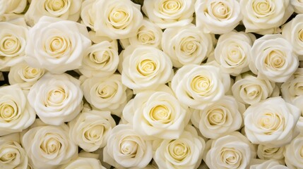 Top view Background, texture of beautiful white cream roses. Flowers, Wedding, Floristry, Mockup, copy space.