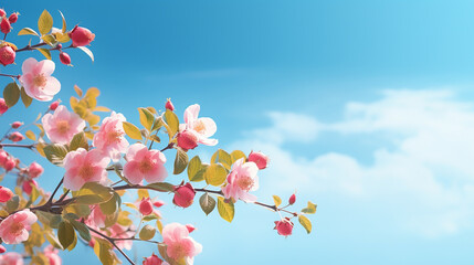 Obraz na płótnie Canvas beautiful spring border blooming rose bush on a blue sky