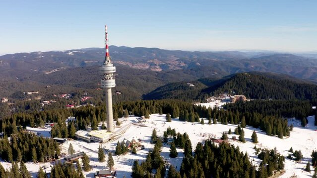 Aerial view of tower at Snezhanka peak near Pamporovo Bulgaria.
