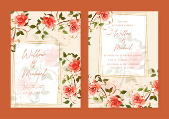 Red rose set of wedding invitation template with shapes and flower floral border