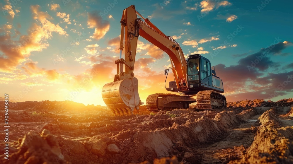 Wall mural excavator at a construction site against the setting sun